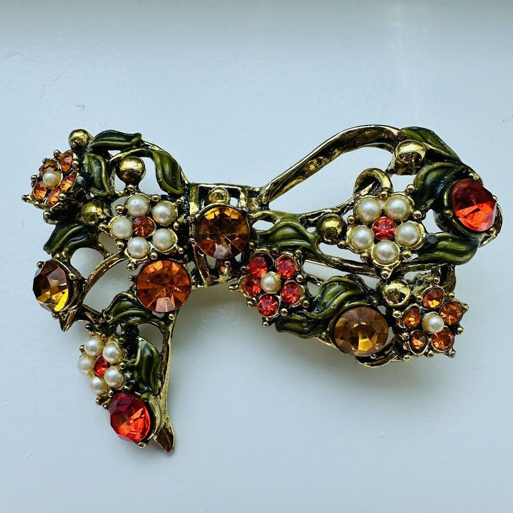 VTG Bow Brooch 2.5 Inch Floral Faux Pearl Rhinestone Crystal Multicolor Goldtone